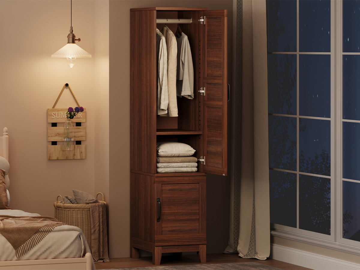 Furniture Hardware Hinges - 木製ワードローブクローゼット – 高さ72インチ、18個の調節可能な棚 | 頑丈なMDF製、深さ21インチ、吊り下げロッド付き、静音ヒンジ、転倒防止キット、簡単組み立て、スリムな寝室用衣類オーガナイザー